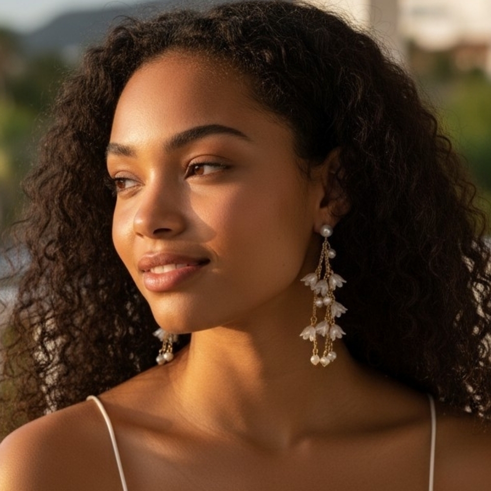 Lily of the Valley Pearl Drop Earrings Long Chain Floral Dangles Boho Romantic